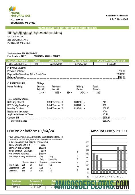 imprimível Modelo de conta de serviços públicos de gás natural Portland dos EUA Maine em formatos Word e PDF